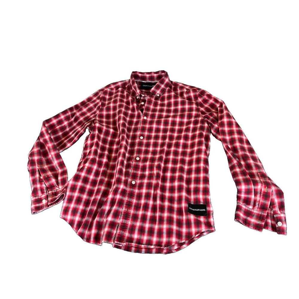 Calvin Klein Jeans L Mens Button Up Shirt Plaid LS Button-Down Red White Black